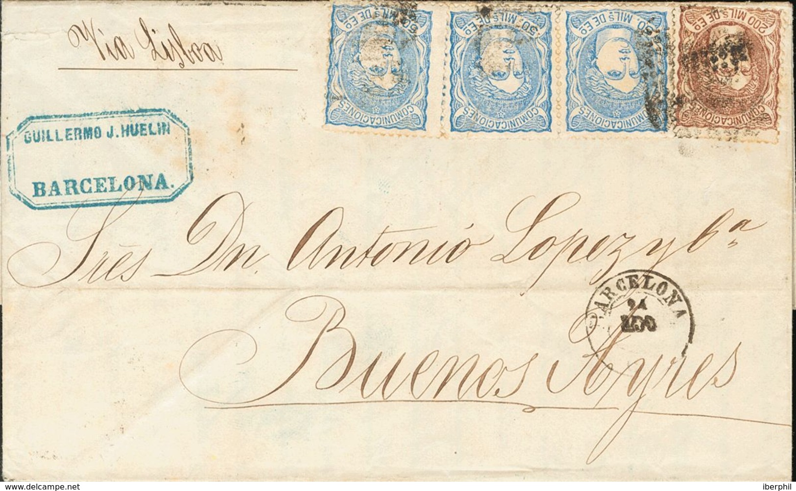 Sobre 107(3), 109. 1871. 50 Mils Ultramar, Tres Sellos Y 200 Mils Castaño. BARCELONA A BUENOS AIRES (ARGENTINA). MAGNIFI - Other & Unclassified