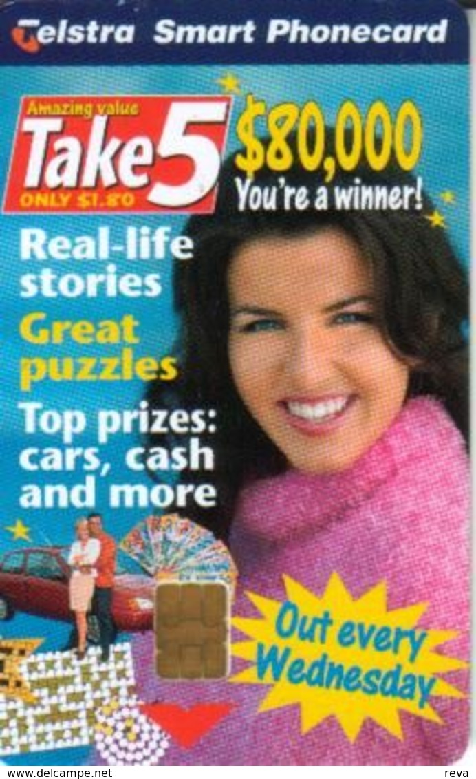 AUSTRALIA $5  WOMAN LADY IN BLACK HAIR &PINK JUMPER CAR TAKE 5  MAGAZINE REWARD CARD CHIP CODE: 98/23A 800 ONLY MADE  !! - Australia