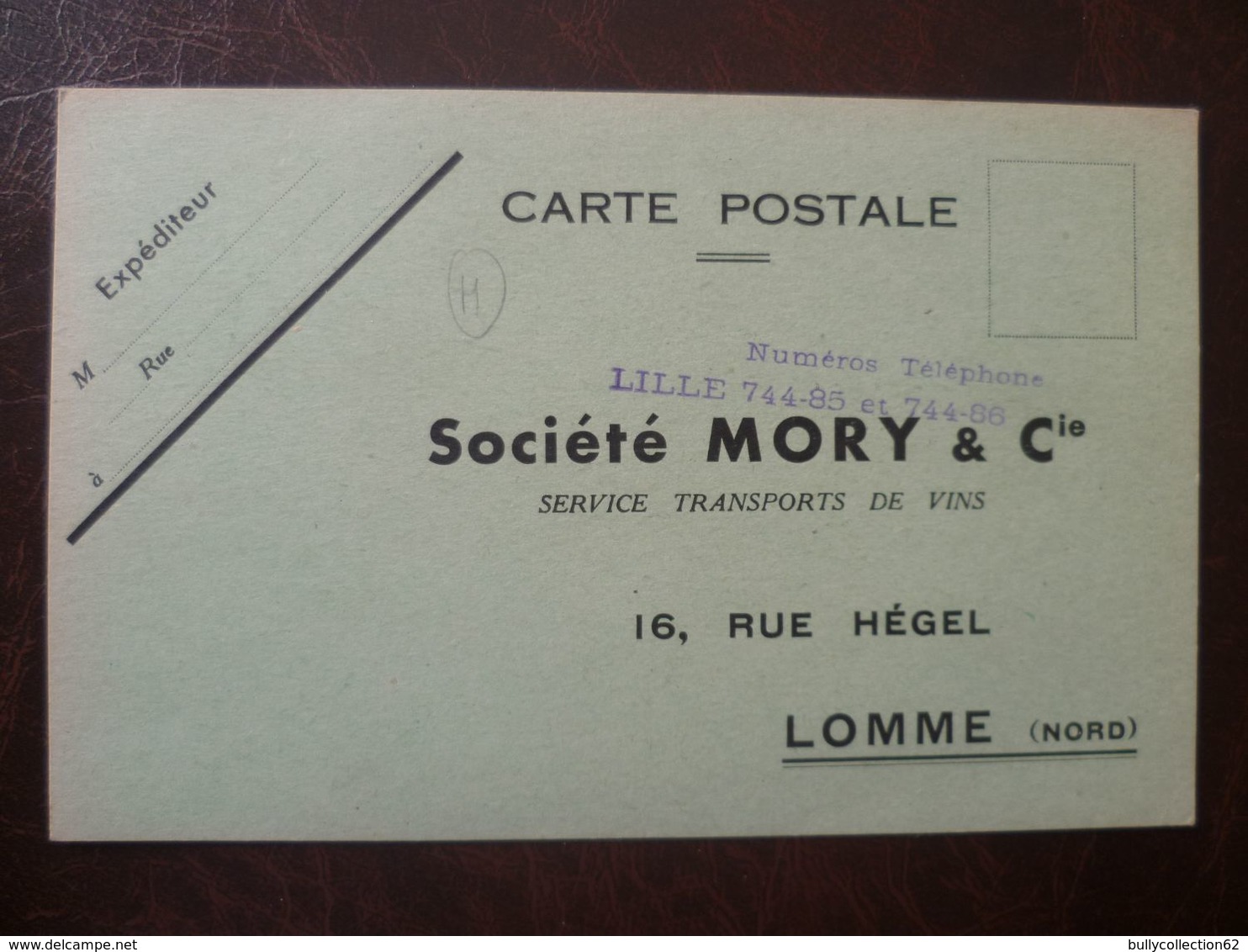 LOMME-    Carte Publicitaire Société MORY - Lomme