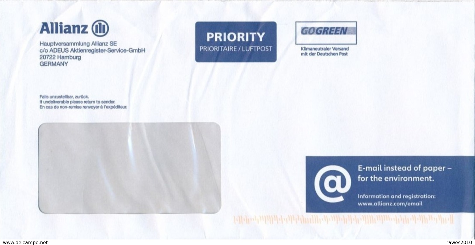 BRD / Bund Hamburg E-Mail-Post Priority / Luftpost Allianz SE Hauptversammlung - Lettres & Documents