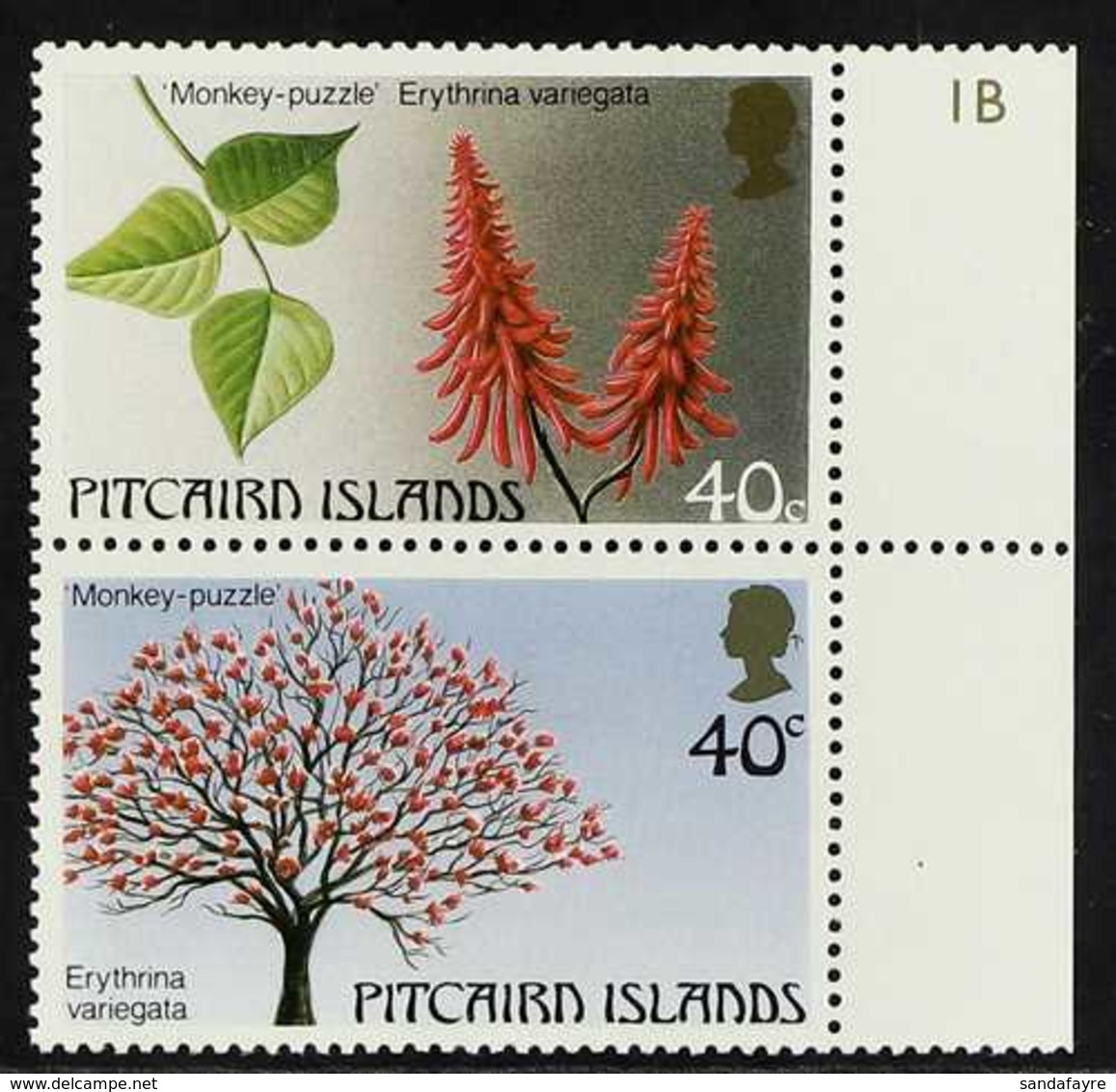 1987  Trees (2nd Series) 40c Vertical Pair, Variety "Wmk Crown To Right Of CA", SG 304aw, Never Hinged Mint Marginal Pai - Pitcairn Islands