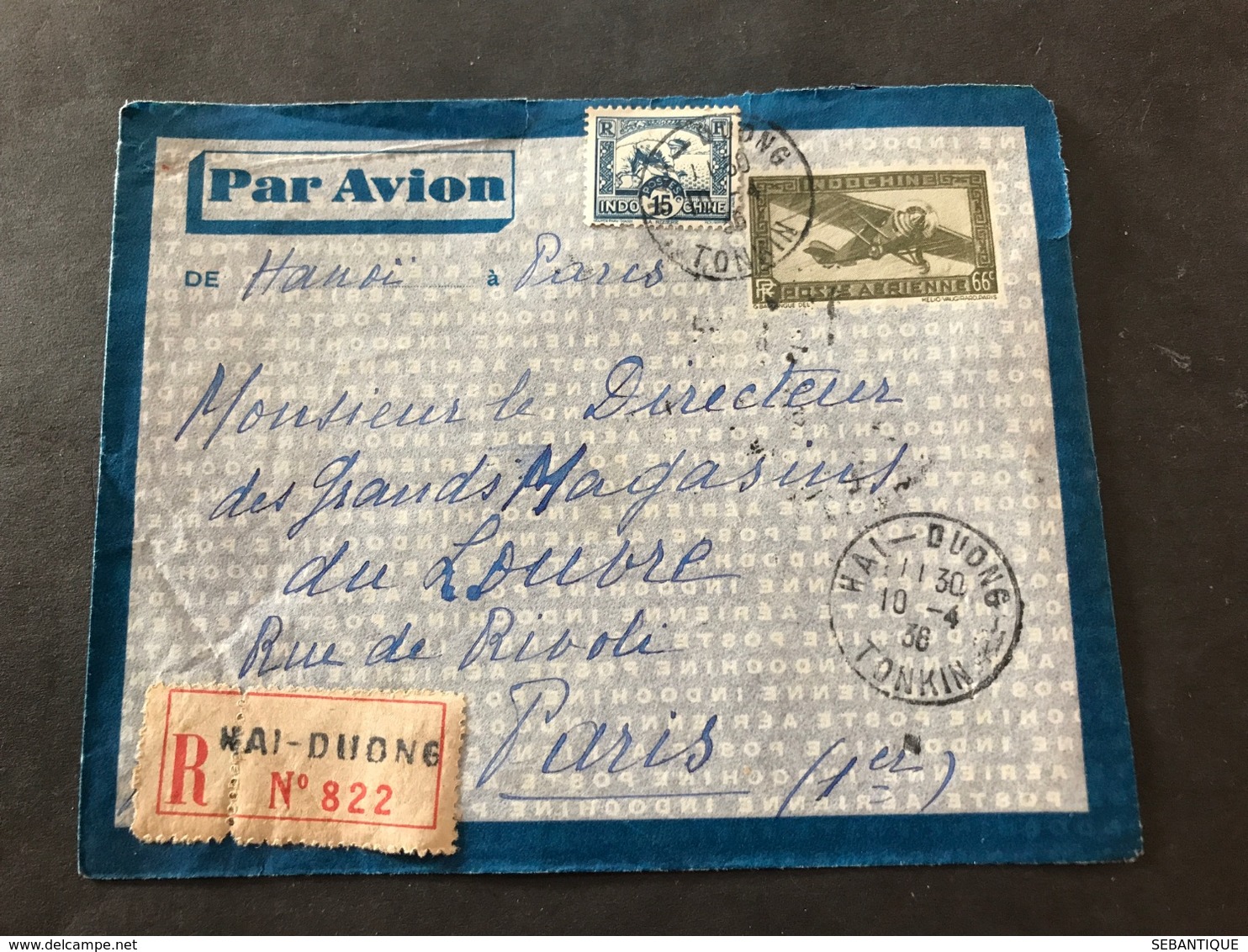 Lettre Entier Indochine Par Avion 1936 Hai-Duong Tonkin Pour Paris - Covers & Documents