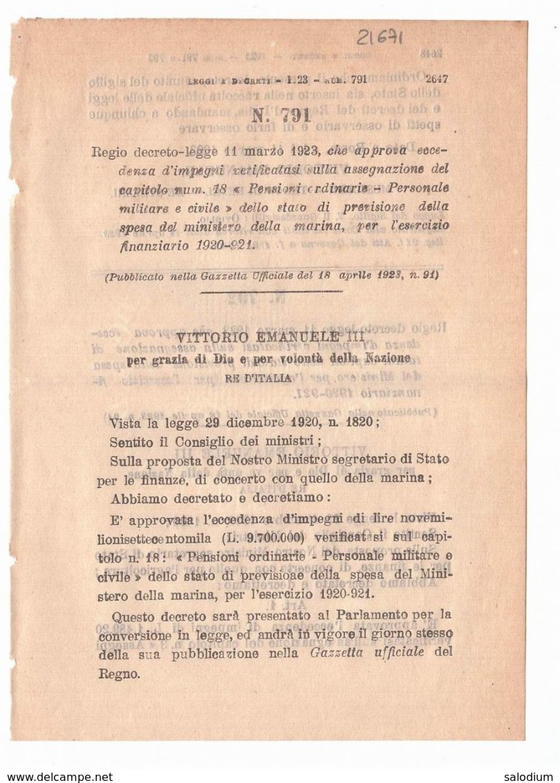 1923 Regio Decreto - Pensioni Ordinarie Militari Civili Dello Stato - Ministero Agricoltura - Décrets & Lois