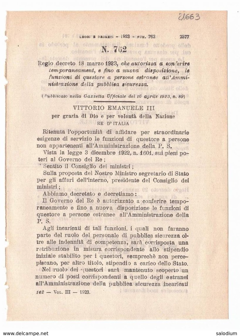 1923 Regio Decreto - Questore - Polizia - Pubblica Sicurezza - Décrets & Lois