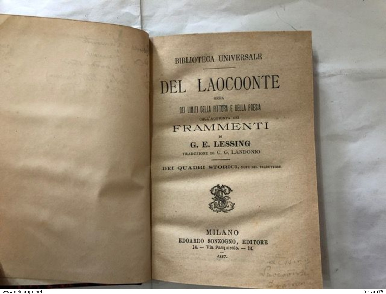 BIBLIOTECA UNIVERSALE LESSING LAOCOONTE DRAMMI 1887. - Libros Antiguos Y De Colección