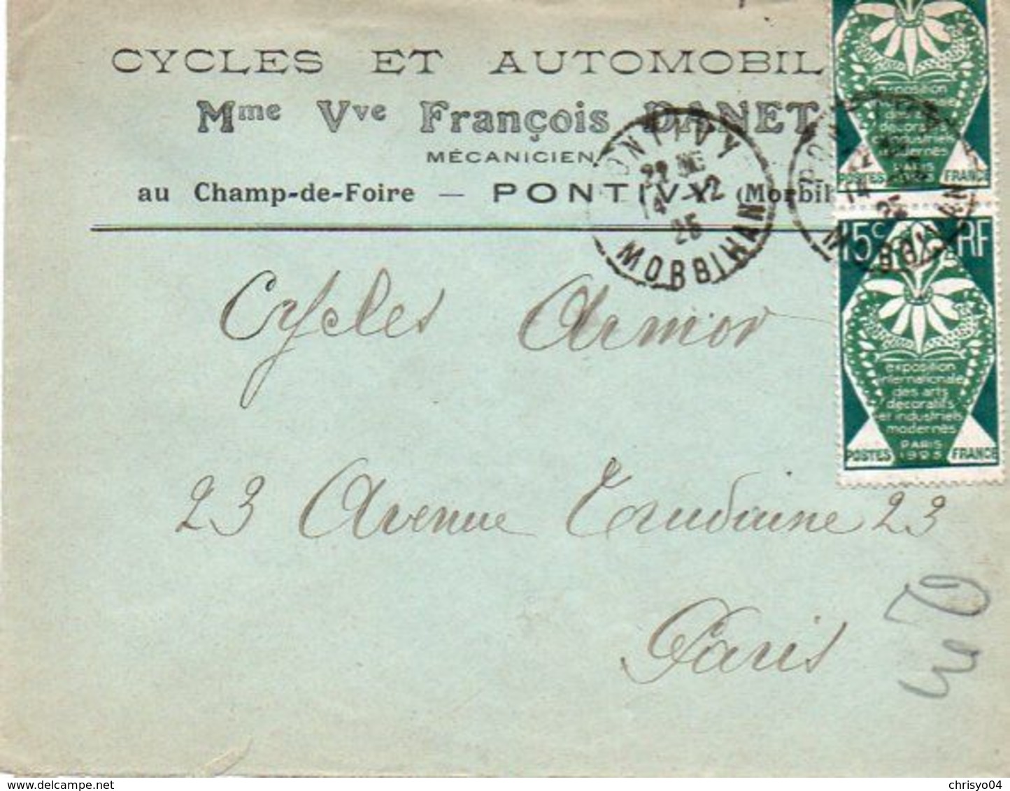 V7SE Enveloppe Timbrée Timbre Exposition Paris 1925 Entête 56 Pontivy Cycles Autos Vve François Danet Au Champ De Foire - 1921-1960: Modern Period