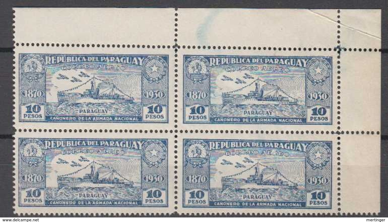 Paraguay Mi# 371 Corner Block Of 4 ** MNH Airmail 1931 Gunboat 10P - Paraguay