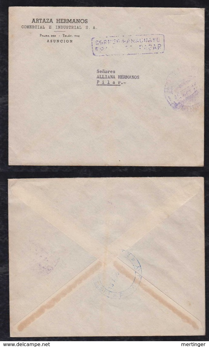 Paraguay Ca 1958 Cover POSTAGE PAID Postmark To PILAR - Paraguay