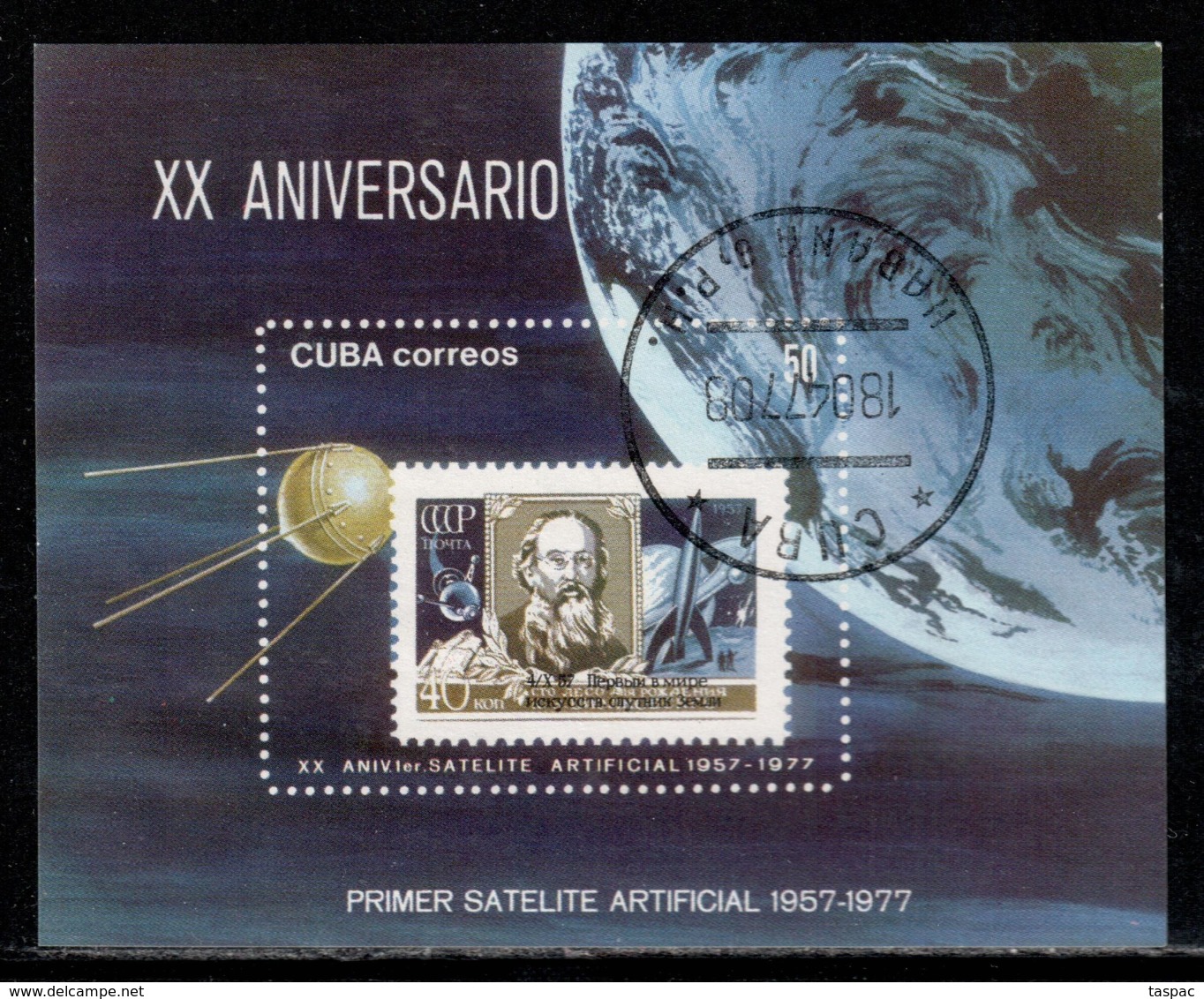 Cuba 1977 Mi# Block 50 Used - Sputnik (1st Artificial Satellite), 20th Anniv. / Space - América Del Norte