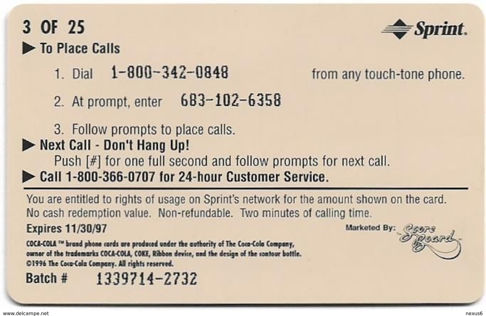 USA - Sprint - Coke National '96 (SILVER VALUE) - SBI-1114 - Advert. #3, Remote Mem. 2$, 4.050ex, Used - Sprint