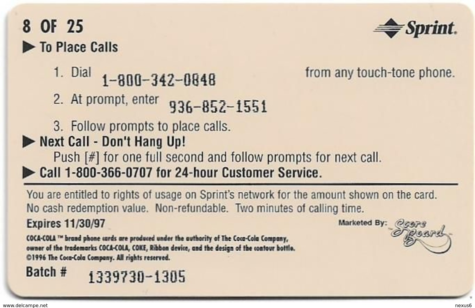 USA - Sprint - Coke National '96 (GOLD VALUE) - SBI-1144 - Advert. #8, Remote Mem. 2$, 2.715ex, Used - Sprint