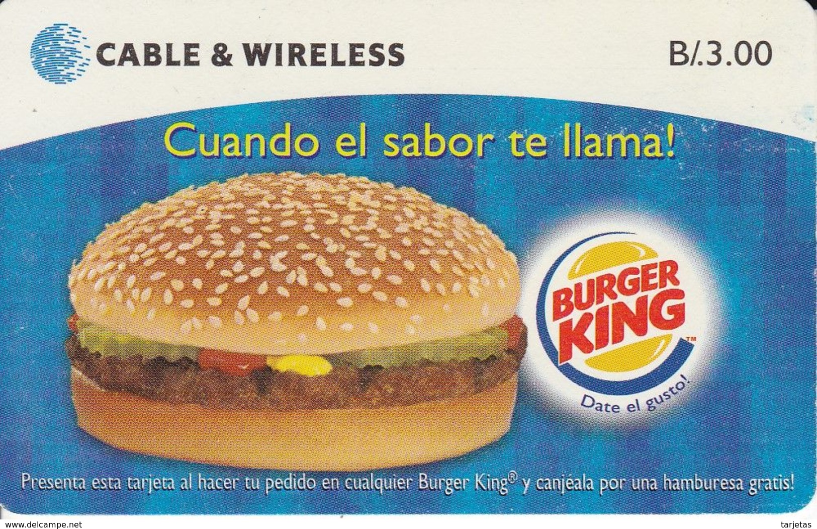 TARJETA DE PANAMA DE BURGER KING (HAMBURGUESA) CABLE & WIRELESS - Panama