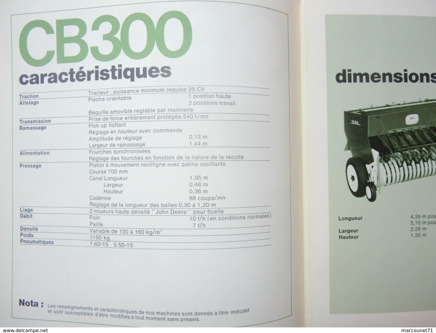 DÉPLIANT COMMERCIAL TRACTEUR JOHN DEERE CB300 RAMASSEUSE PRESSE - Trattori