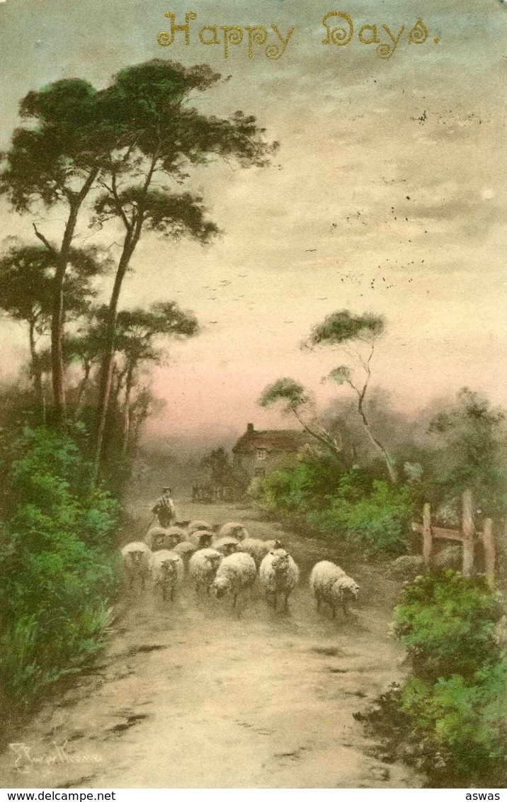 ARTIST SIGNED: ELMER KEENE ~ SHPHERD WITH SHEEP, COTTAGE ~ HAPPY DAYS PU1909 - Keene, Elmer