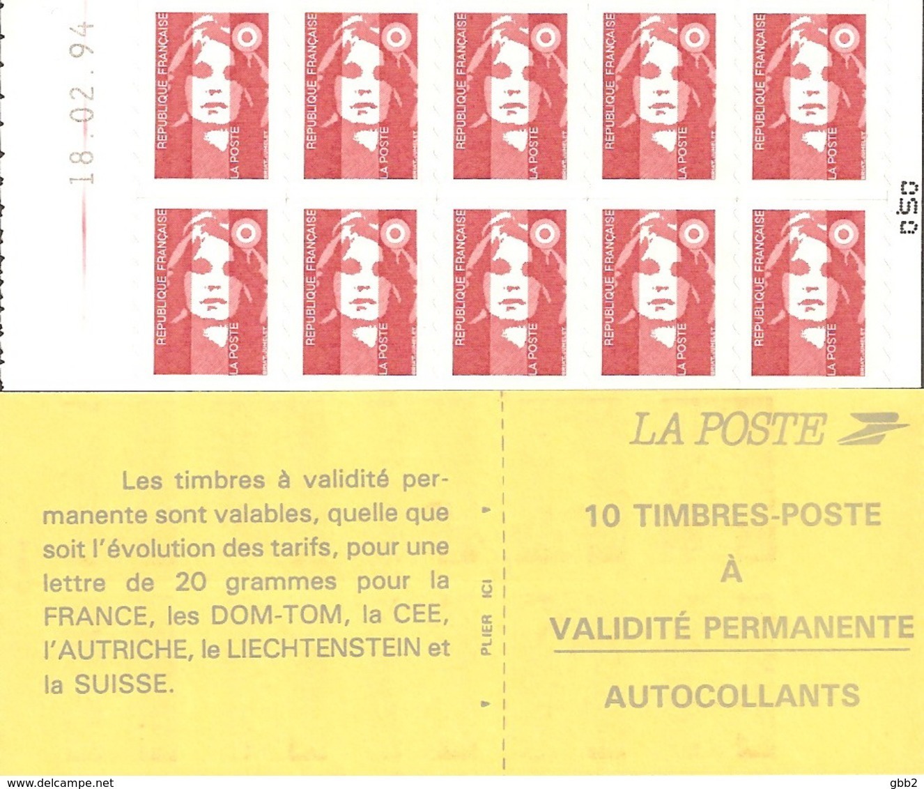 CARNET 2874-C 1 Marianne De Briat "LES TIMBRES A VALIDITE PERMANENTE" Daté 07/02/94. Bas Prix à Saisir. - Autres & Non Classés