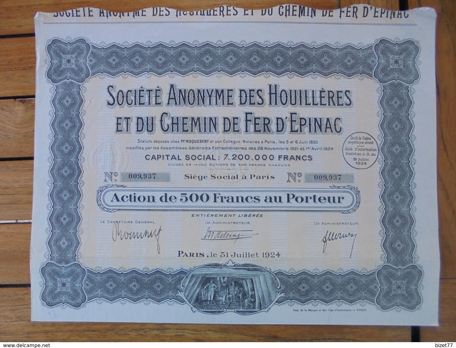 FRANCE - 71 - EPINAC - SA DES HOUILLERES  ET DU CHEMIN DE FER D'EPINAC - ACTION DE 500 FRS - PARIS 1924 - Other & Unclassified