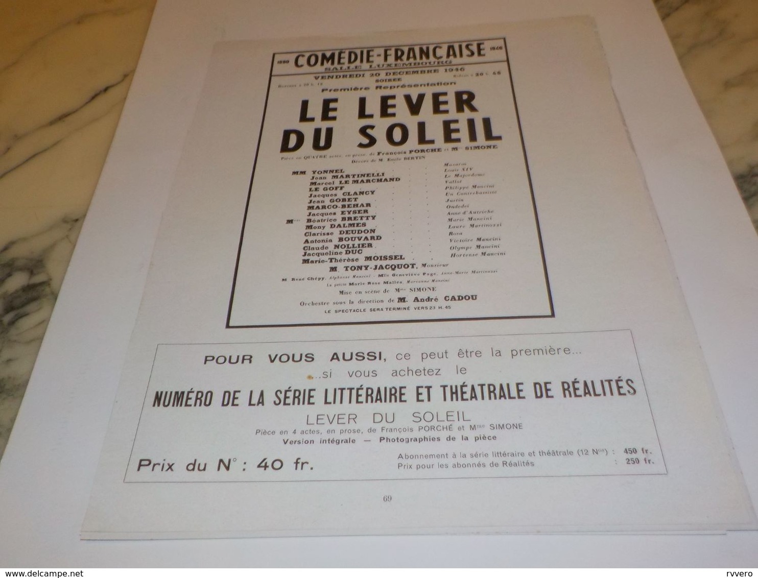 ANCIENNE PUBLICITE LE LEVER DU SOLEIL COMEDIE FRANCAISE 1947 - Théâtre & Déguisements