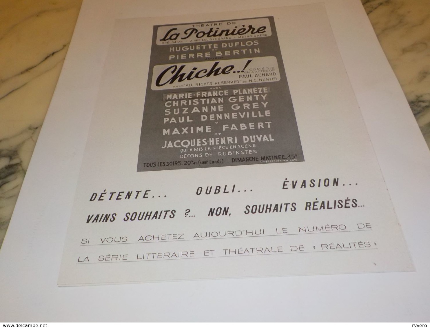 ANCIENNE PUBLICITE THEATRE DE LA POTINIERE CHICHE 1947 - Théâtre & Déguisements