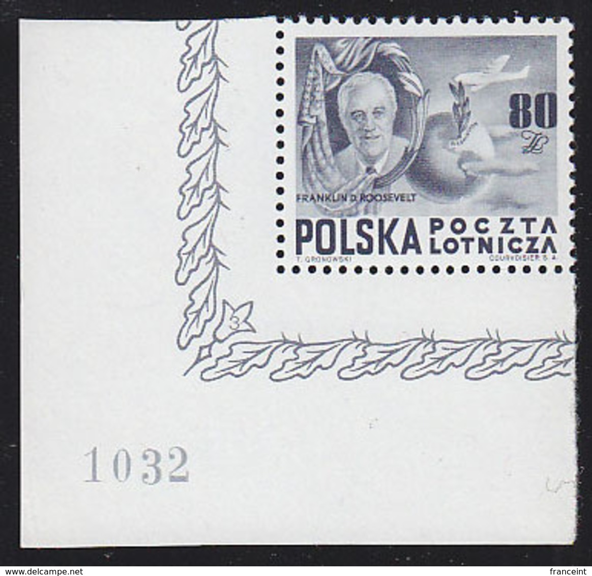 Poland (1948) 80z Roosevelt MNH From Cprner Of Sheet With Plate Number. - Ongebruikt