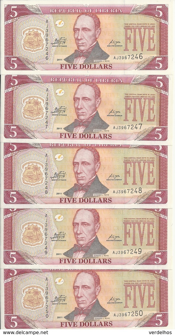 LIBERIA 5 DOLLARS 2011 AUNC P 26 ( 5 Billets ) - Liberia