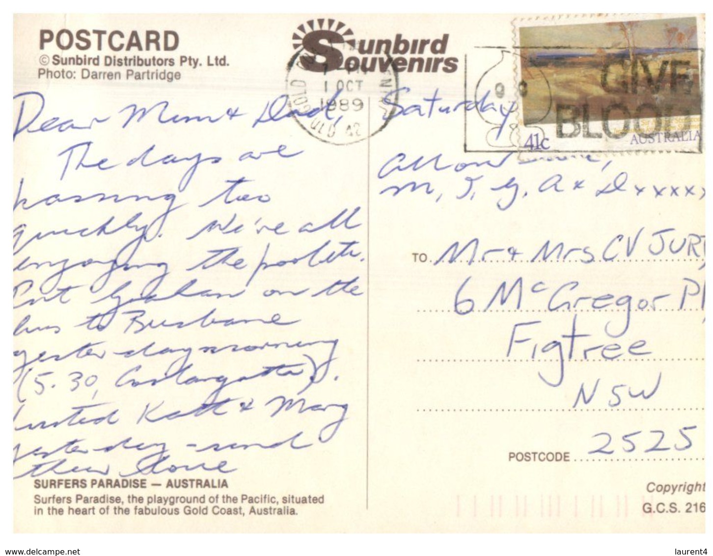 (D 8) Australia - QLD - Surfrs Paradise (hotel) With Stamp Cancel 1989 - Gold Coast