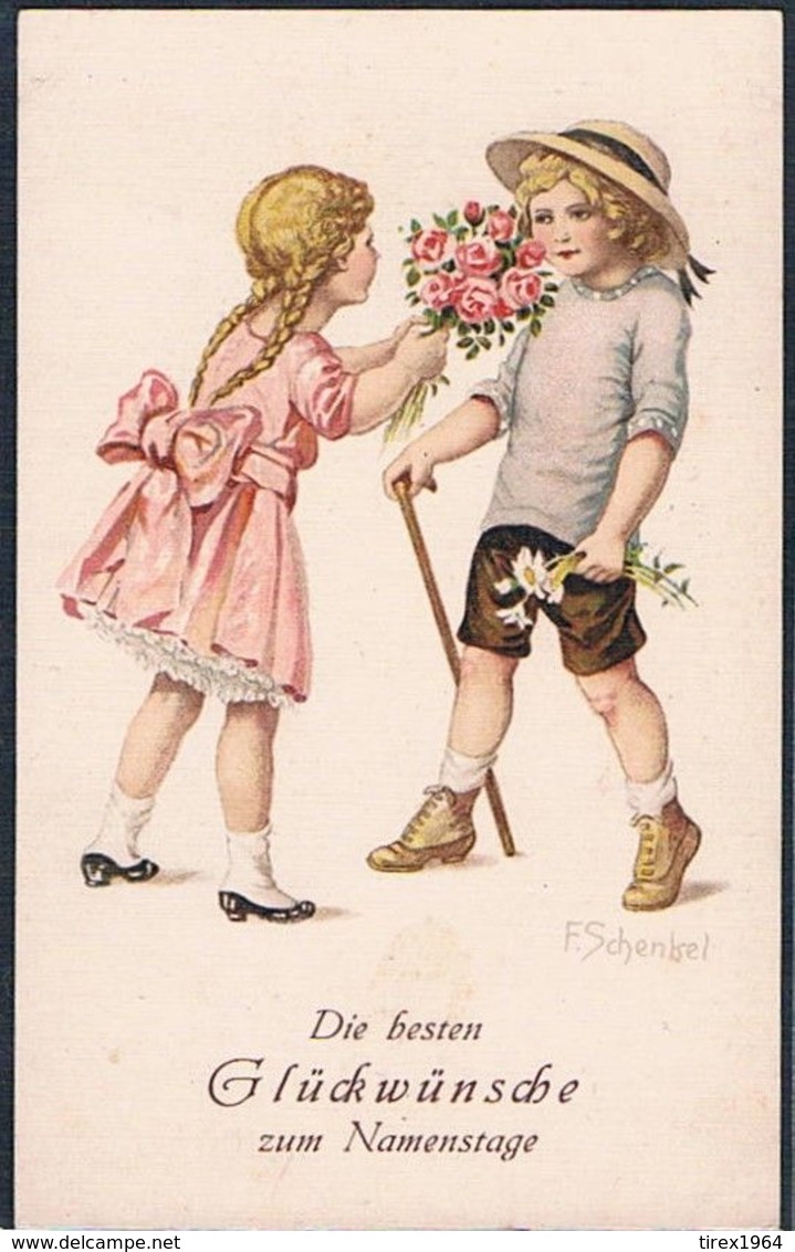 F030 A/s SCHENKEL COUPLE D'ENFANTS FLEURS CHILDREN FLOWERS Fine LITHO GOM 2851 - Schenkel, Franziska
