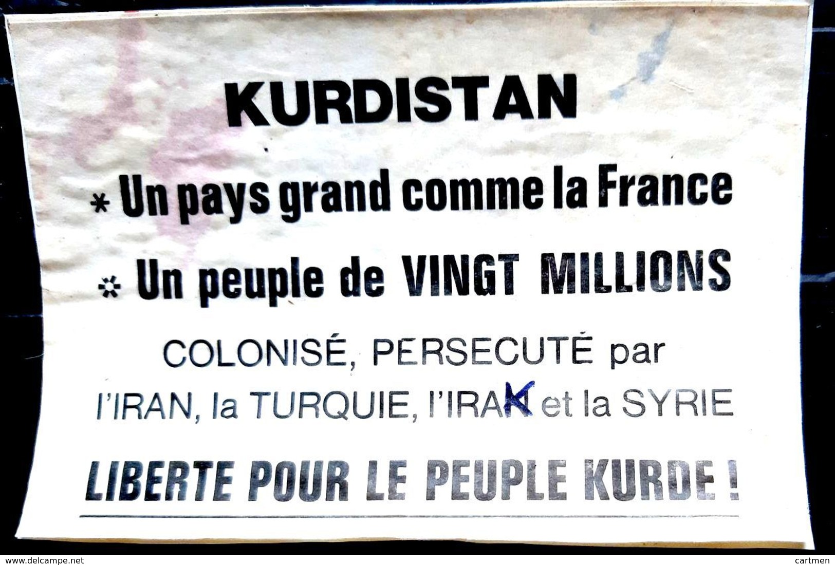 KURDISTAN TURQUIE POLITIQUE TRACT PROSPECTUS CONTRE LES MASSACRES   ANNEES 1980  AUTOCOLLANT ANCIEN - Sonstige & Ohne Zuordnung