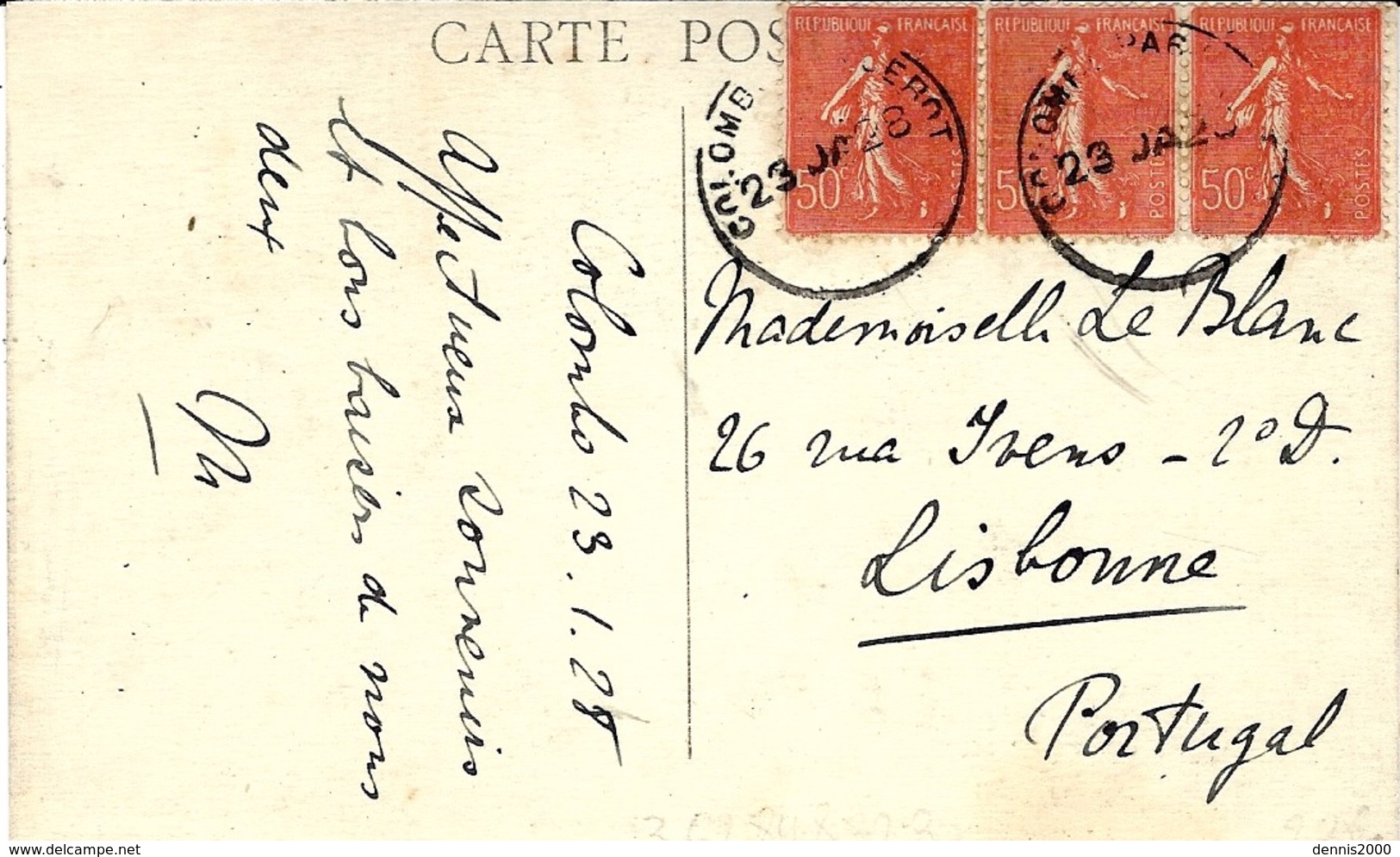 1928 - C P A De Colombo ( Ceylan ) Affr. Bande De 3 50 C Semeuse Oblit. Cad COLOMBO PAQUEBOT - Poste Maritime