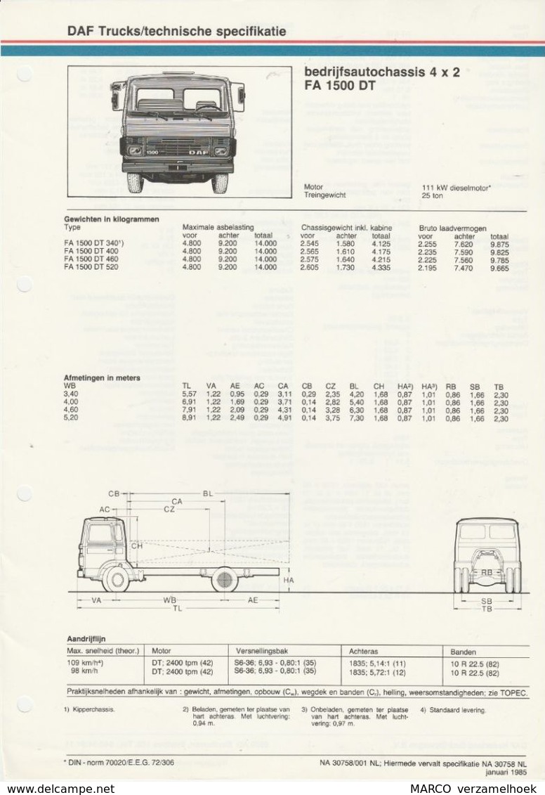 Brochure-leaflet DAF Trucks Eindhoven DAF FA 1500 DT - Camions