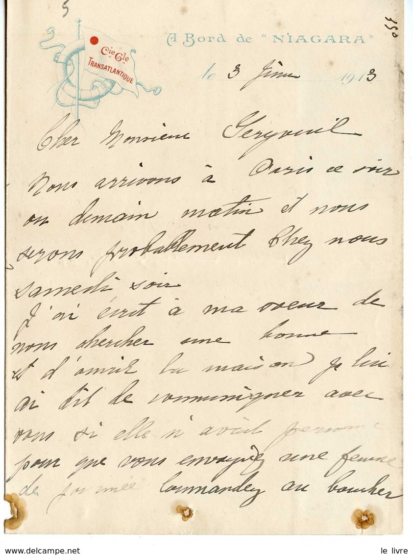 D64. LOT DE 2 LETTRES A EN-TÊTE Cie Gle TRANSATLANTIQUE A BORD DU NIAGARA ET DU ROCHAMBEAU 1912 1913 - Autres & Non Classés