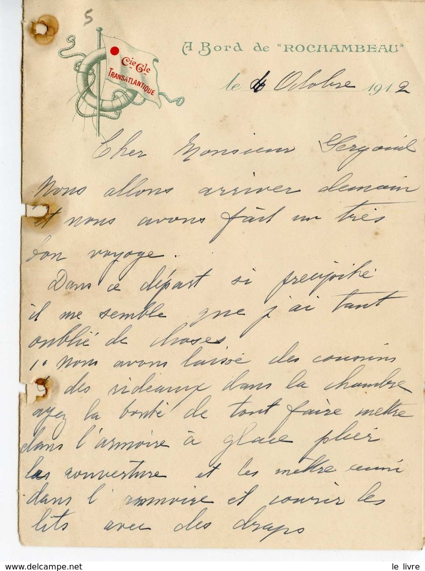 D64. LOT DE 2 LETTRES A EN-TÊTE Cie Gle TRANSATLANTIQUE A BORD DU NIAGARA ET DU ROCHAMBEAU 1912 1913 - Sonstige & Ohne Zuordnung