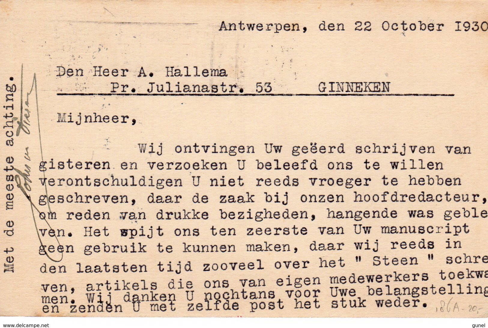 23 X 1930 Mach. Stempel ANTWERPEN ( Wereldtentoonstelling 1930) Op Antw. Bk  G212 Z-1 Naar Ginneken - Interi Postali