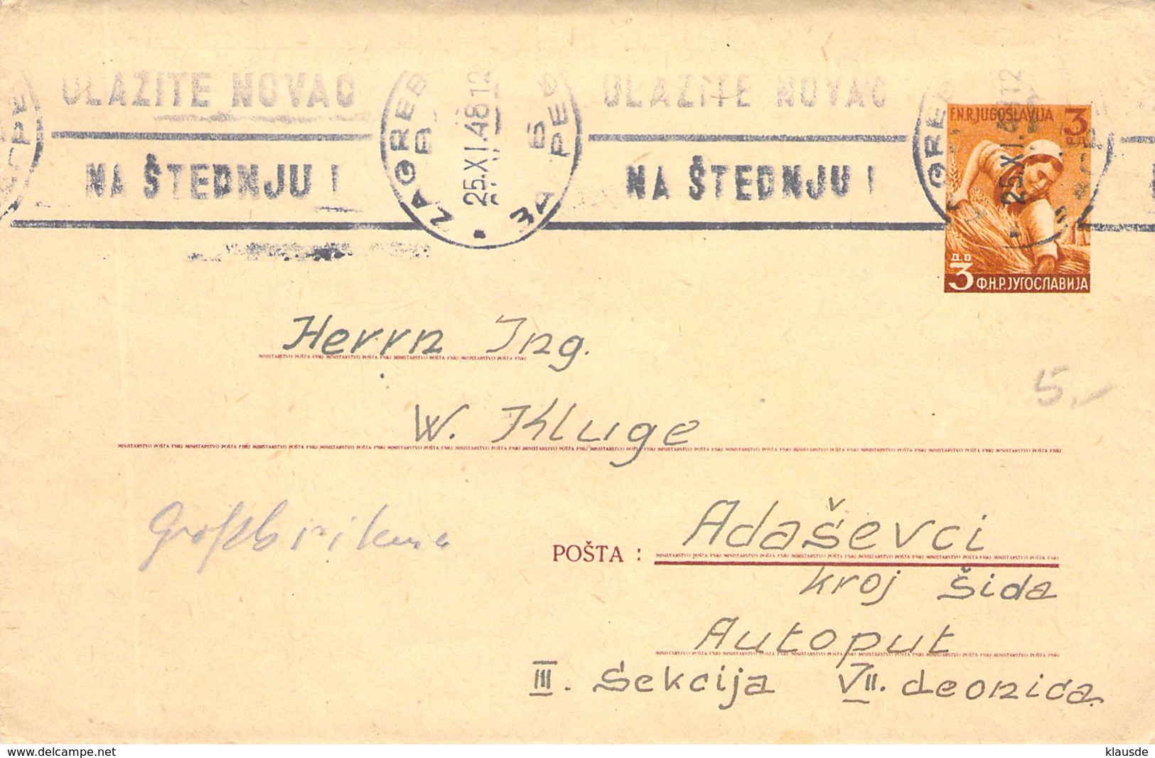 GS Cover Jugoslawien 1948 - Storia Postale