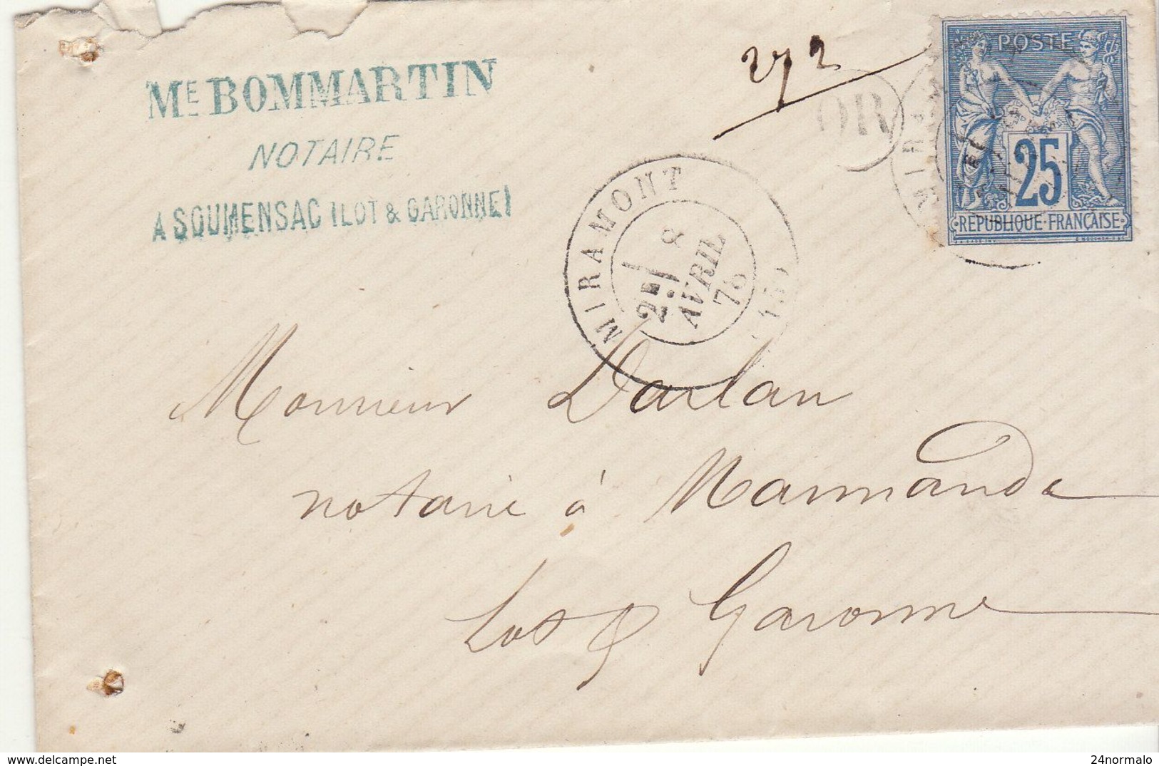 Lot Et Garonne : ESC 25c Sage/T17 Miramont, OR = Soumensac 1878 - 1877-1920: Periodo Semi Moderno