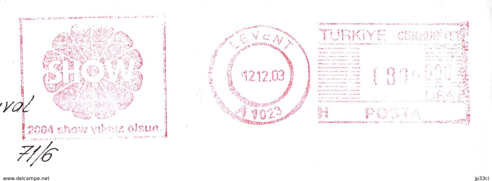 Red Machine Cancel Levent 12/12/2003 With Red Flame "SHOW 2004 Yilimiz Olsun" On Letter To Belgium - Lettres & Documents