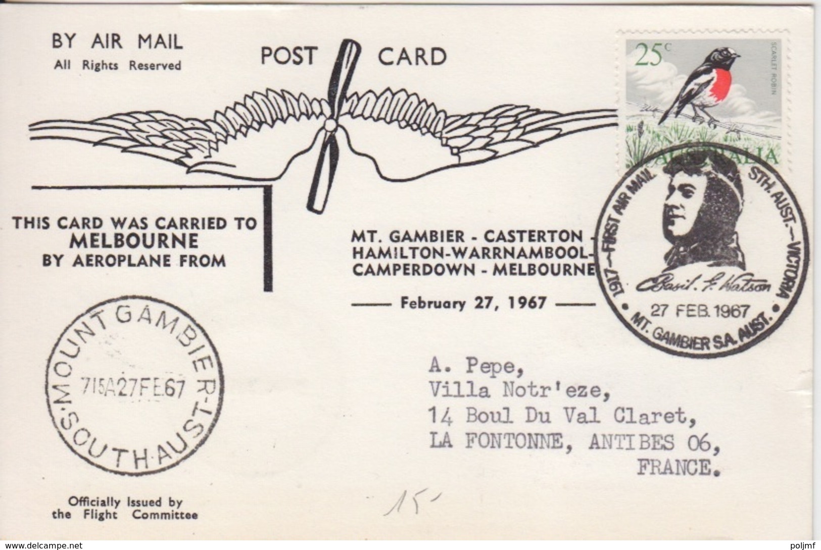 CP 50° Ann. Du 1°Vol Sth Australie-Victoria, Obl. Mt Gambier Le 27FE67 + Signature Et Vignette Watson 1917-67 - First Flight Covers