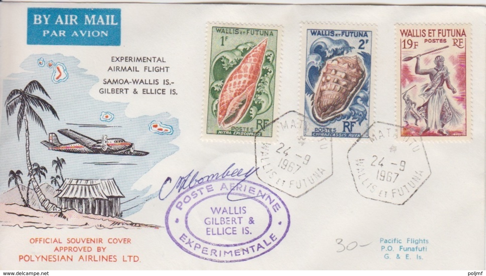 Vol Expérimental Samoa-Wallis Gilbert-Ellice, Obl. Mata-Utu Le 24 -9 1967 + Cachet Spécial Et Signature - Briefe U. Dokumente