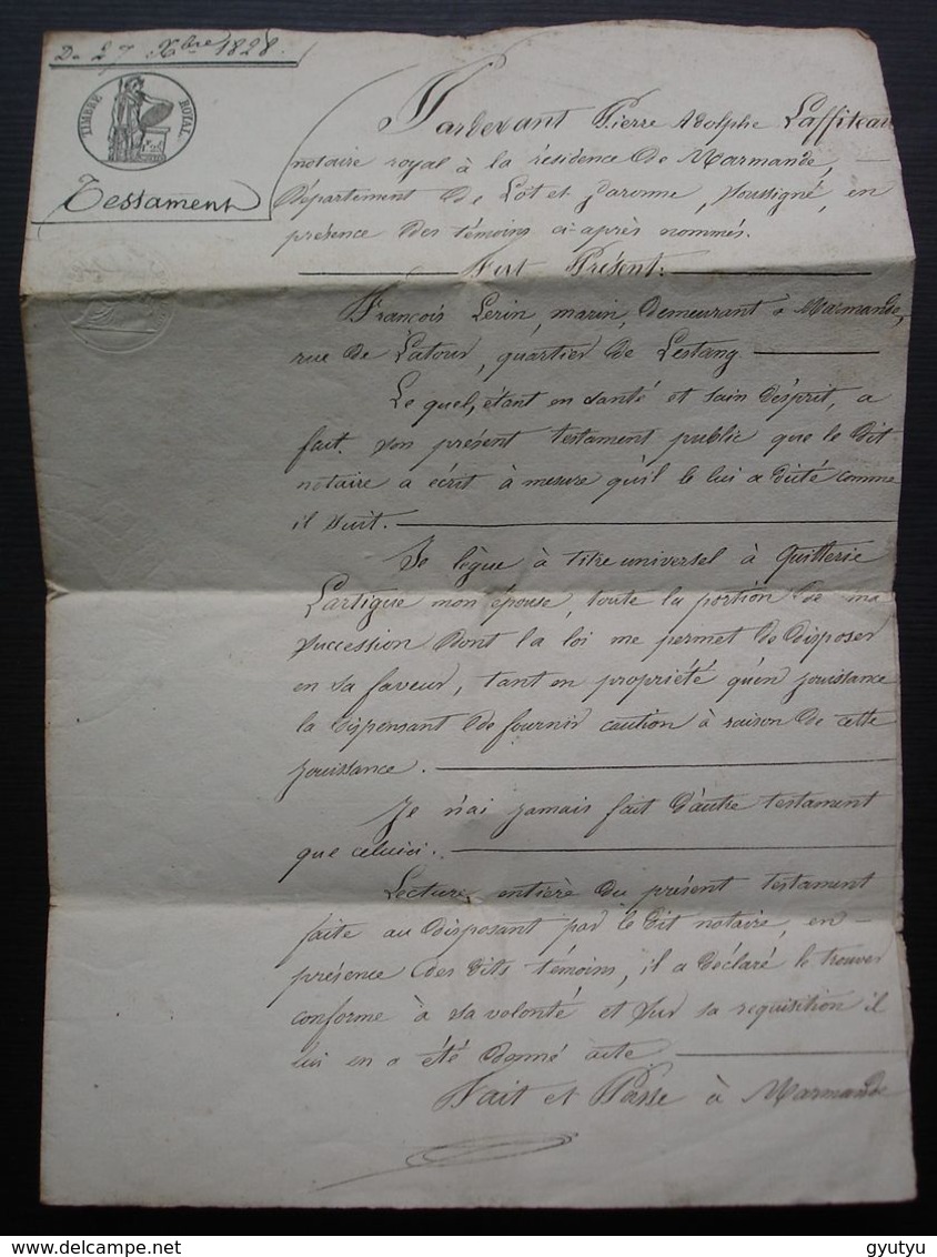 Marmande 1828 Lot-et-Garonne Testament De François Lérin, Marin En Faveur De Guiterie Lartigue Son épouse - Manuscripts