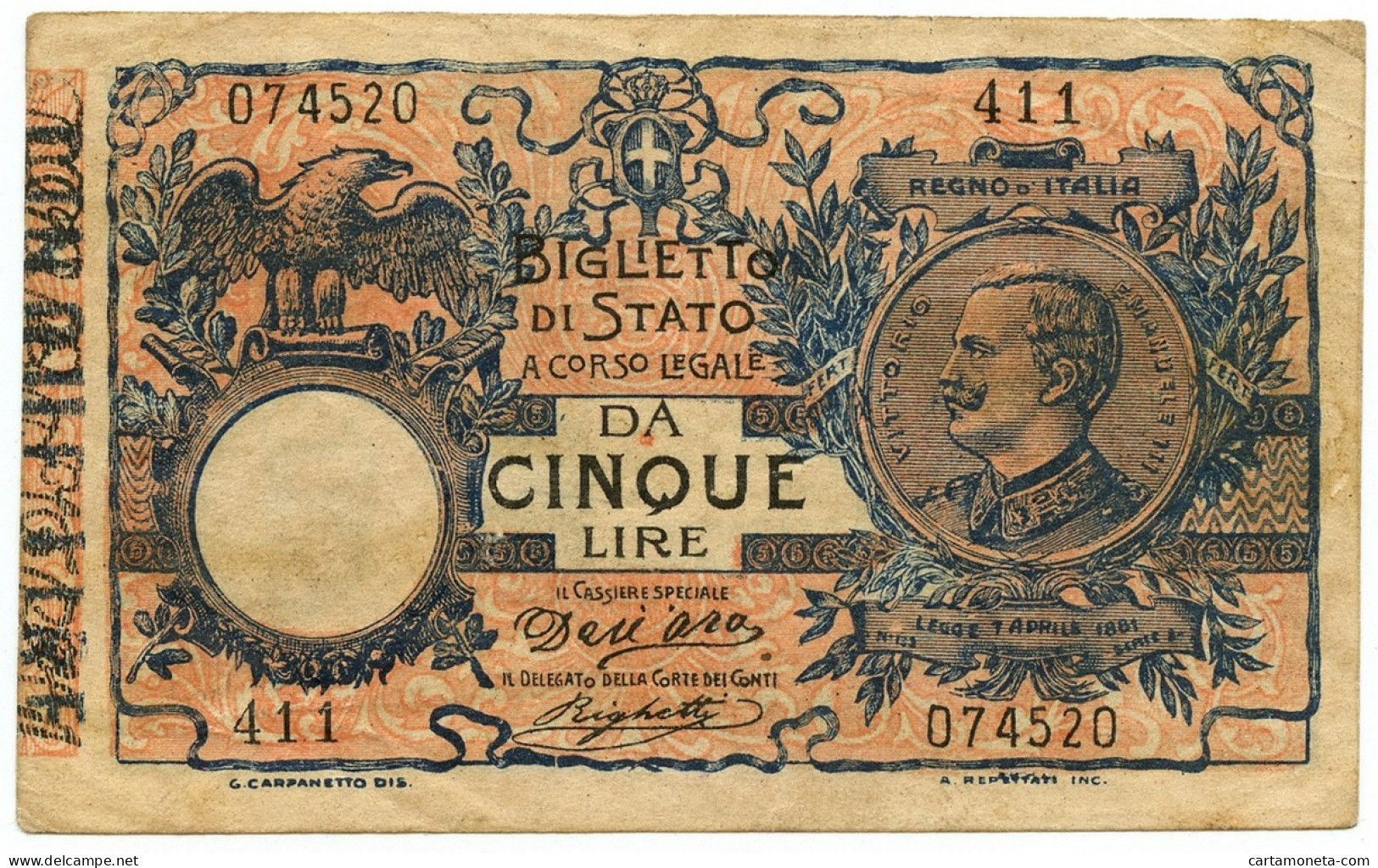 5 LIRE FALSO D'EPOCA BIGLIETTO DI STATO VITTORIO EM. III FLOREALE 08/11/1904 BB - Otros