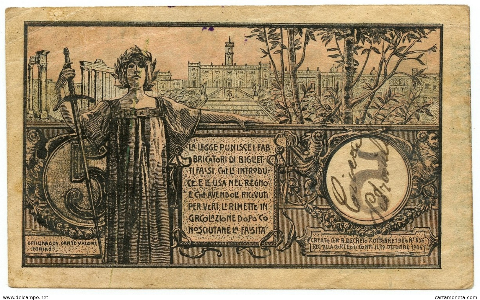 5 LIRE FALSO D'EPOCA BIGLIETTO DI STATO VITTORIO EM. III FLOREALE 08/11/1904 BB - Regno D'Italia – Autres