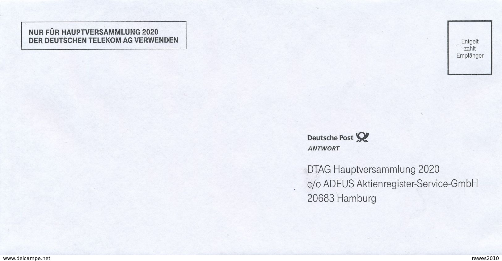 BRD / Bund  Hamburg Entgelt Zahlt Empfänger Deutsche Telekom AG Hauptversammlung 2020 - Lettres & Documents