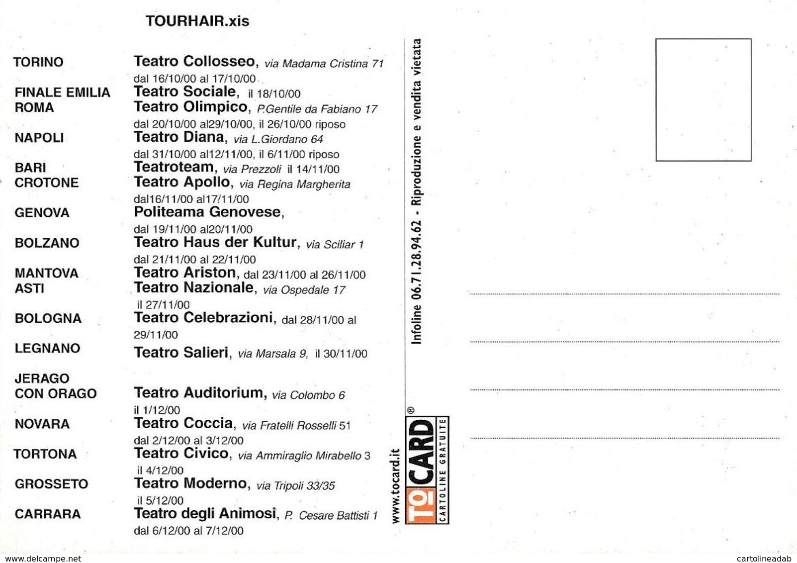 [MD4828] CPM - TEATRO - HAIR - THE TRIBAL LOVE ROCK MUSICAL - TOCARD - PERFETTA - Non Viaggiata - Advertising