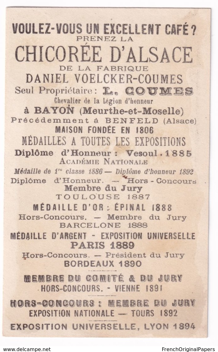 Jolie Chromo Dorée Chicorée Voelcker Coumes Bayon - Thème Pierrot Colombine Alcool Domestique Whisky Cognac Vin A37-99 - Tea & Coffee Manufacturers