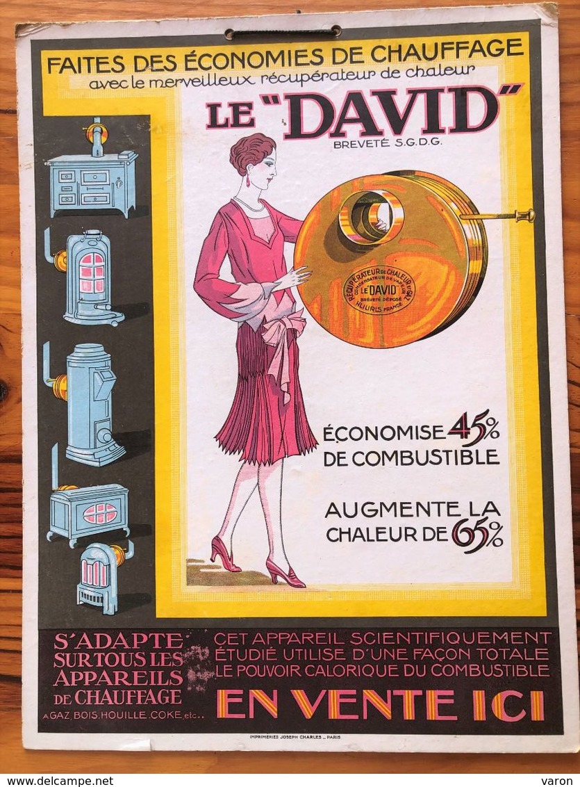 Plaque Publicitaire Carton " LE DAVID "  Années 20 - Récupérateur De Chaleur - Economies De Chauffage -Poêles, Godin, - Pappschilder