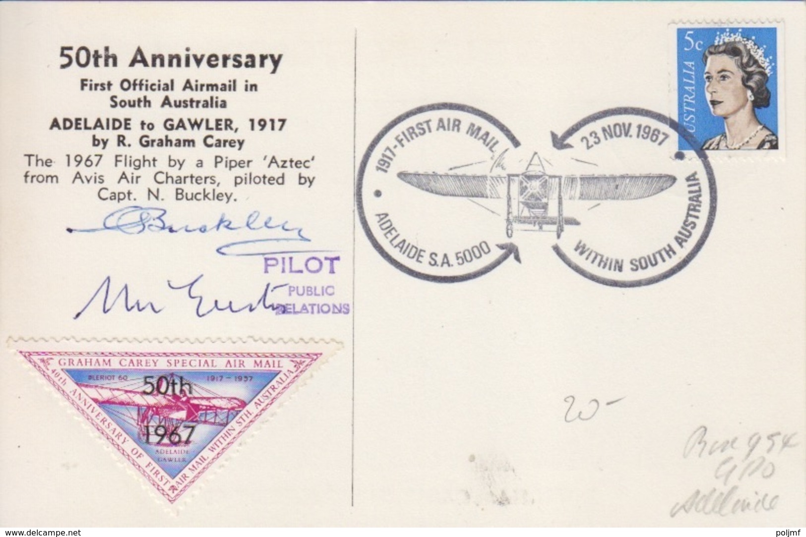 CP Spéciale 50° Ann. Du 1°Vol Adelaide - Gawler, Obl. Illustrée Avion Le 23Nov67 + Signature Et Vignette G. Carey - First Flight Covers