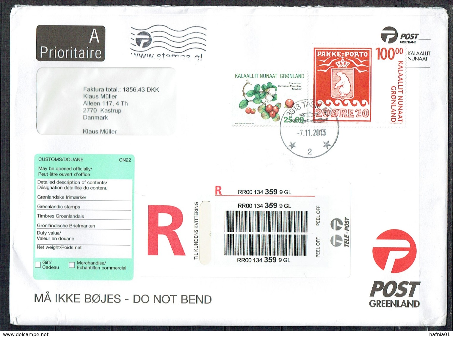 Greenland 2013.  Registered Mail Sent To Denmark. - Lettres & Documents