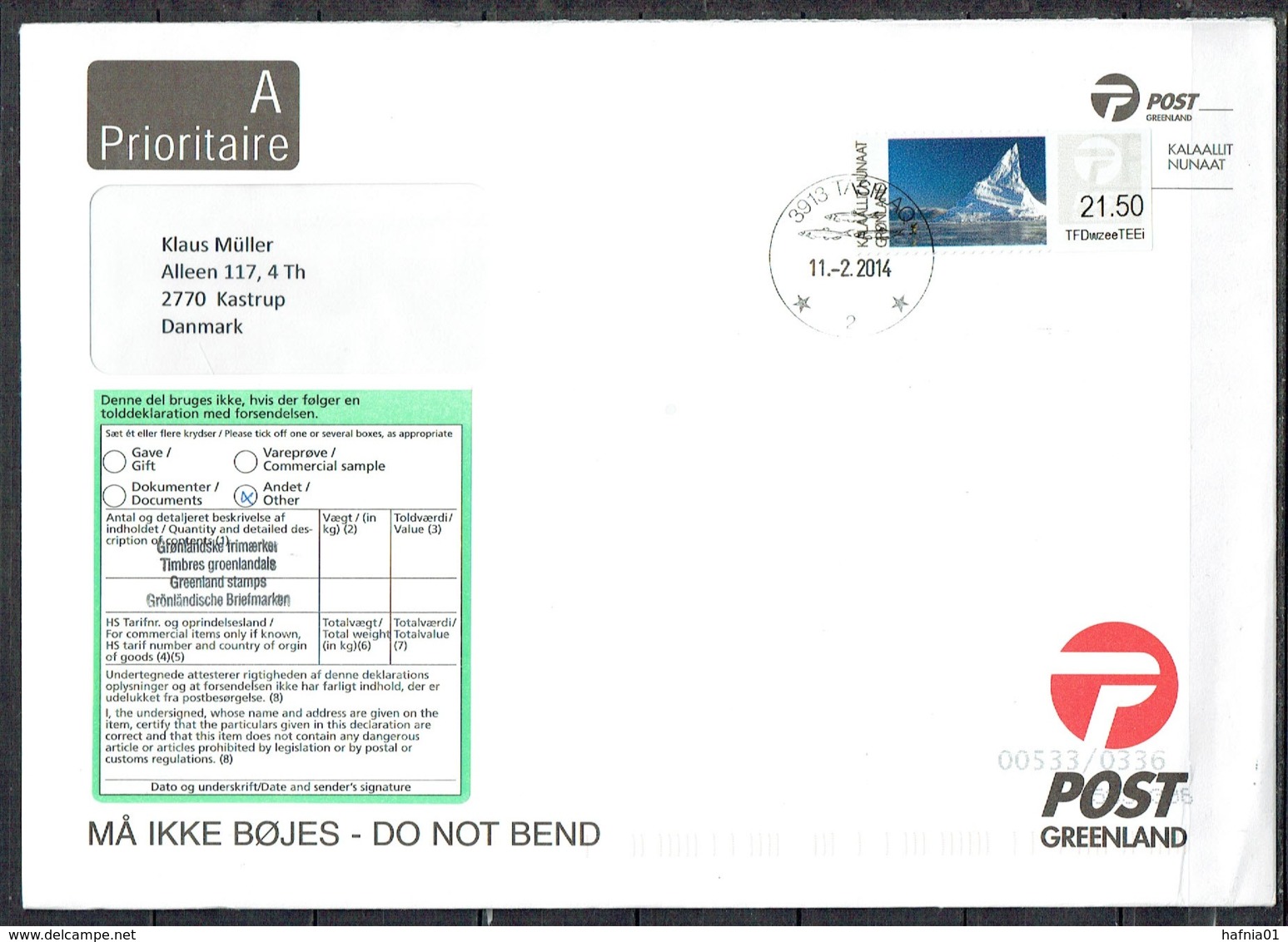 Greenland 2014.  Ordinary Mail Sent To Denmark. - Brieven En Documenten