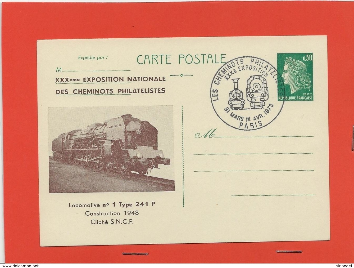 M43ENTIER POSTAL ILLUSTRE CHEFFER  THEME FERROVIAIRE PARIS 31/03/1973 LOCOMOTIVE N° 1 TYPE 241 P 1948 - Other & Unclassified