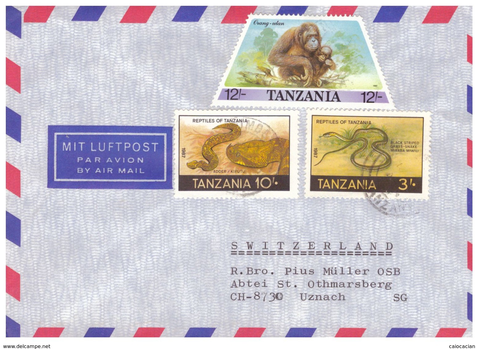 1987 TANZANIA AIR MAIL COUVERT WITH 3 DIV. FAUNA STAMPS TO SWISS - Tanzania (1964-...)