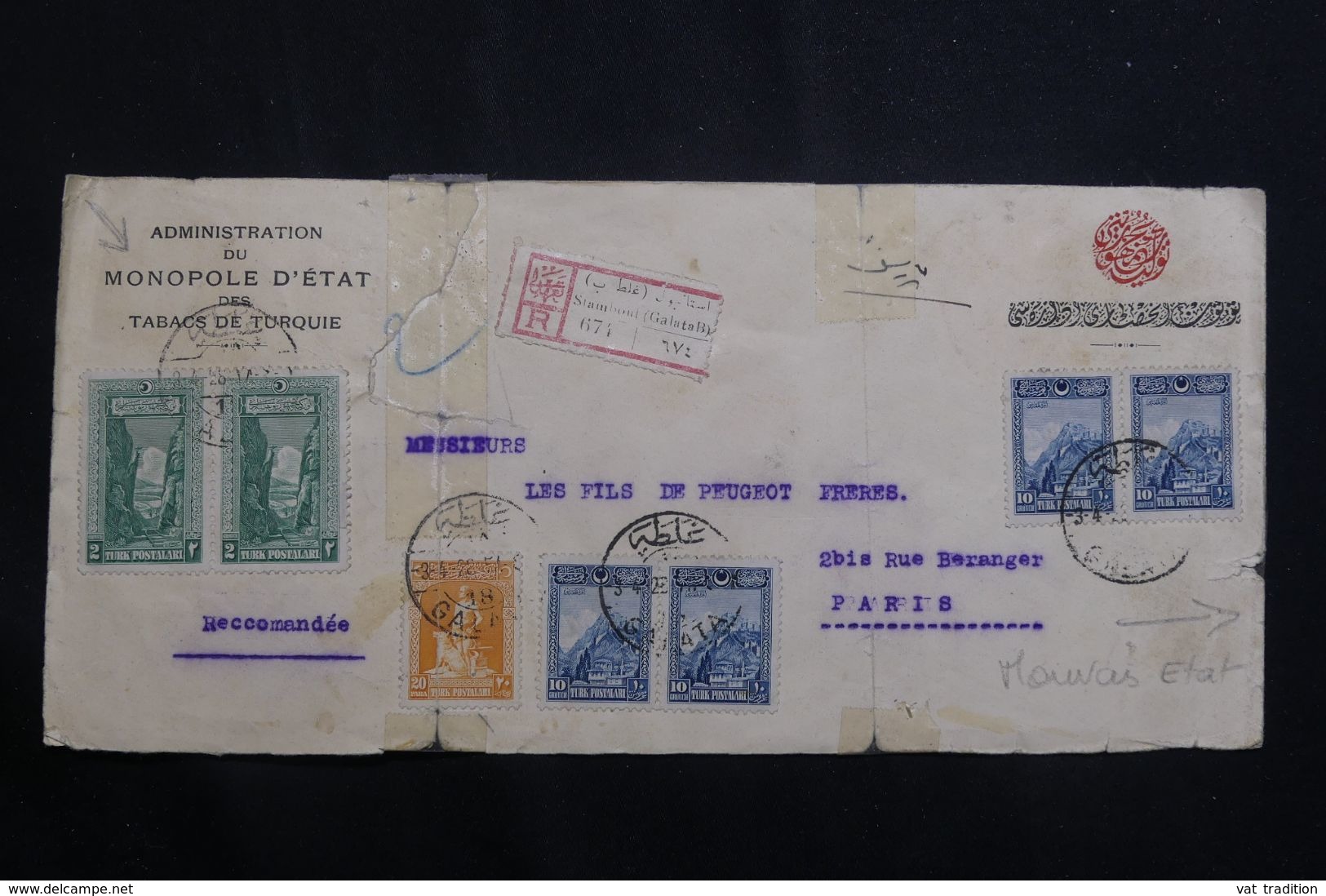 TURQUIE - Enveloppe De L'Administration De L'Etat ( Service Tabac) En Recommandé De Galata Pour Paris En 1928 -  L 64556 - Briefe U. Dokumente